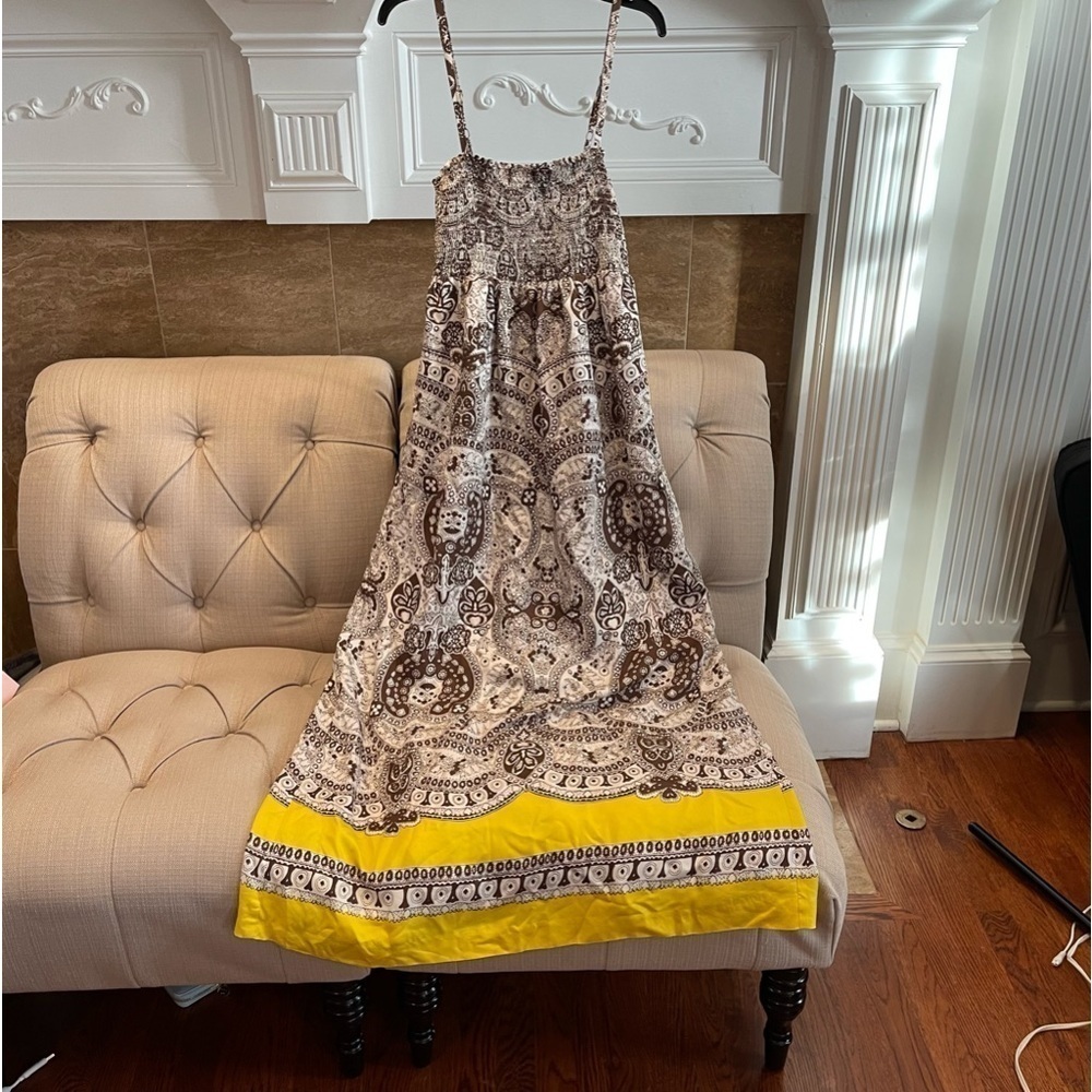 TALBOTS 100% Silk Maxi Dress Size M Paisley Brown Yellow Smocked Bodice